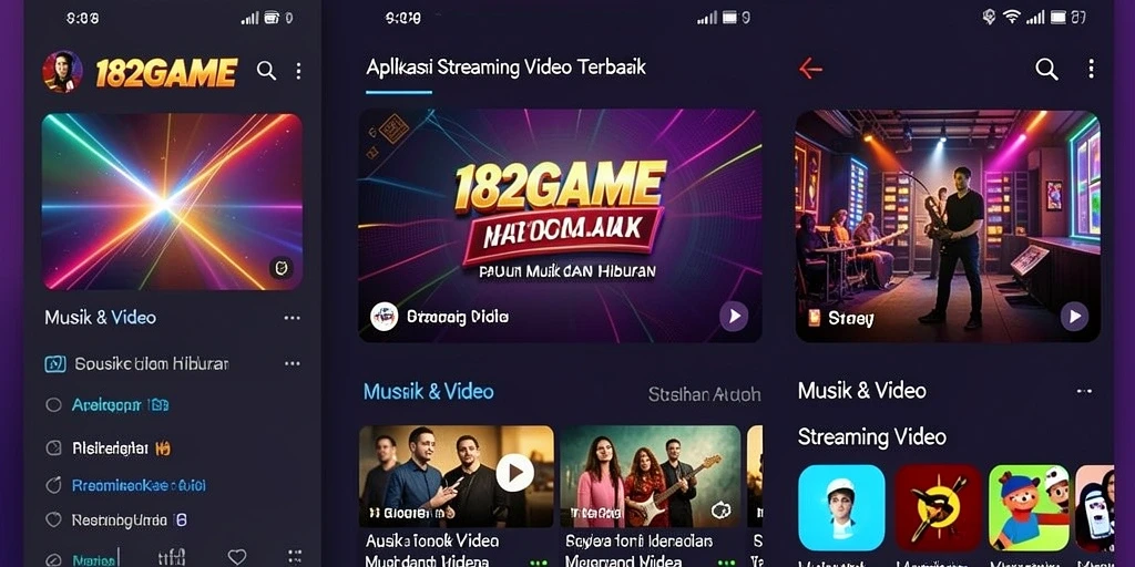 Tampilan antarmuka aplikasi 182GAME dengan pilihan video dan musik.